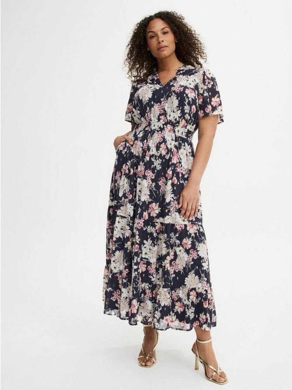 torrid Navy Floral Midi Dress with Pink & Cream Flowers
